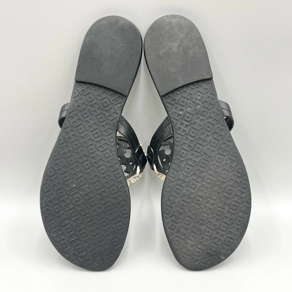 Tory Burch Miller Fringe Sandals Womens 9M Black White Leather Logo Thong Flats